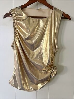 Steps NY Sleeveless Gold Metallic Side-Ruched Blouse Medium